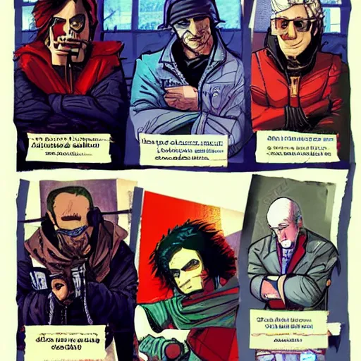 Image similar to four characters, a grifter, a hacker, a thief, and a mastermind in the style of a d & d cover