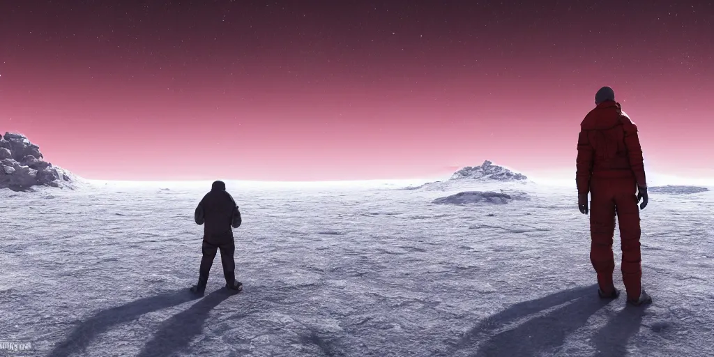 Image similar to a man standing in a icy planet looking to the sky at night, part of a red planet appearing in the sky, concept art, digital art, high quality, highly detailed, 8 k, octane render, unreal engine 5, trending on artstation, anatomically correct, five fingers, cinematic, high coherence, beautiful, hyperrealistic, serene landscape