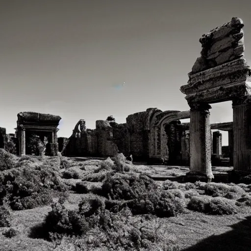 Image similar to infrared photograph of an eerie alien landscape of ancient ruins by james gurney