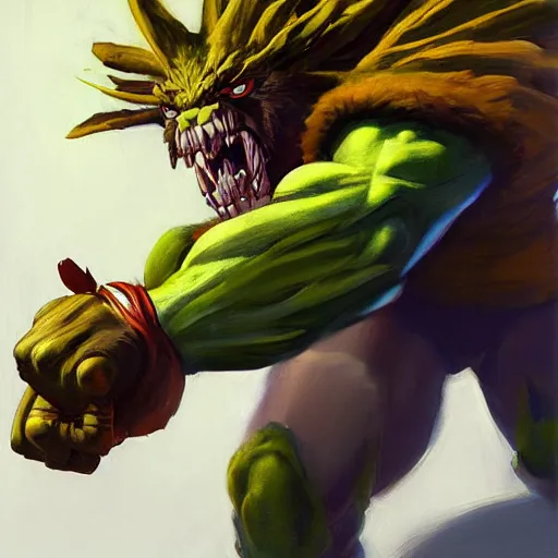 Image similar to greg manchess portrait painting of partially armored blanka from street fighter as overwatch character, medium shot, asymmetrical, profile picture, organic painting, sunny day, matte painting, bold shapes, hard edges, street art, trending on artstation, by huang guangjian and gil elvgren and gerald brom