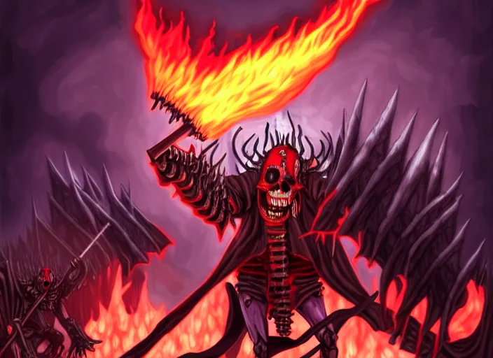 Image similar to ainz ooal gown leading the undead army to battle riding a flaming skeleton horse, art by so - bin