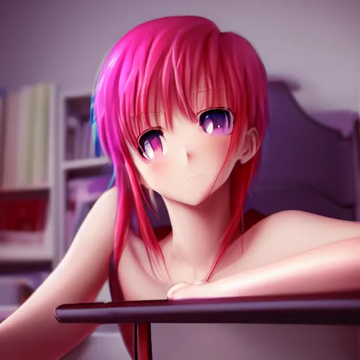 Image similar to advanced 3 d render digital anime art!!, gamer girl in bedroom