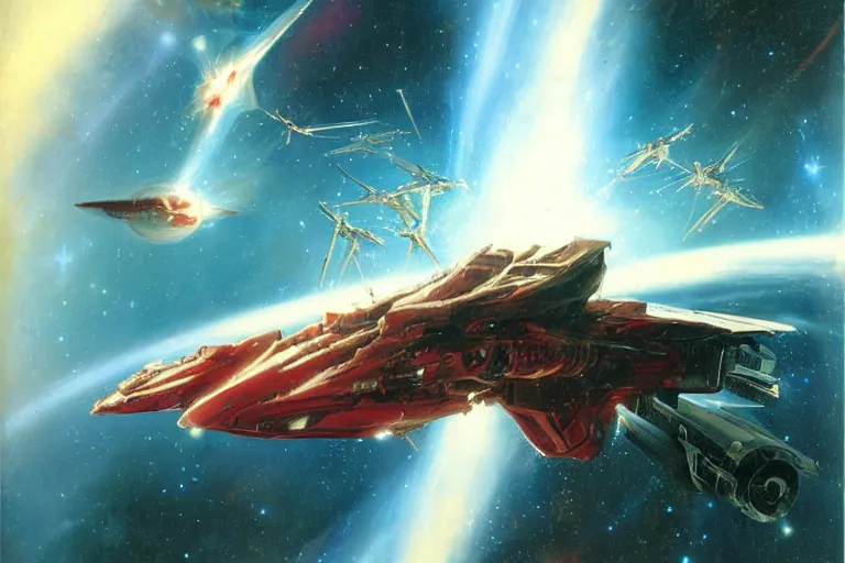 Image similar to gnostic space nebula with debris by raymond swanland, framing a pteranodon battlecruiser, with white kanji insignias, sleek, white john berkey panels, wine red trim, Ralph mcquarrie insets. spines and towers, rows of windows lit internally, sensor array, blazing engines, robotech styling, boeing concept art, cinematic lighting by liam wong