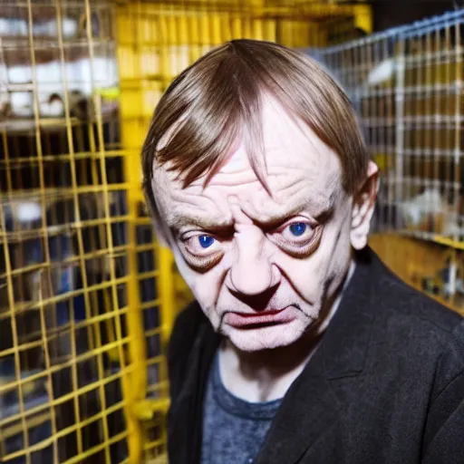 Prompt: mark e smith in a cage at the pet store, he is for sale, 4 k