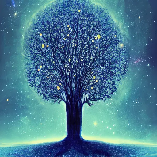 Prompt: tree, galaxies at the end of branches, made of stars, space, floating concept art, science fiction