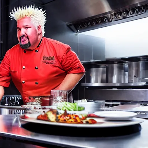 Prompt: Guy Fieri in a modern restaurant kitchen, hyper-realistic, 8k, dramatic lighting, at night, sharp focus