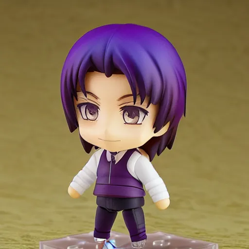 Image similar to nendoroid of a man with green long messy hair, purple eyes, round eyebrows and purple clothes