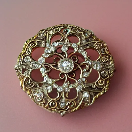 Prompt: beautiful intricate ancient gold and silver brooch with a diamond in the center, filigree around it, alphonse mucha, artstation