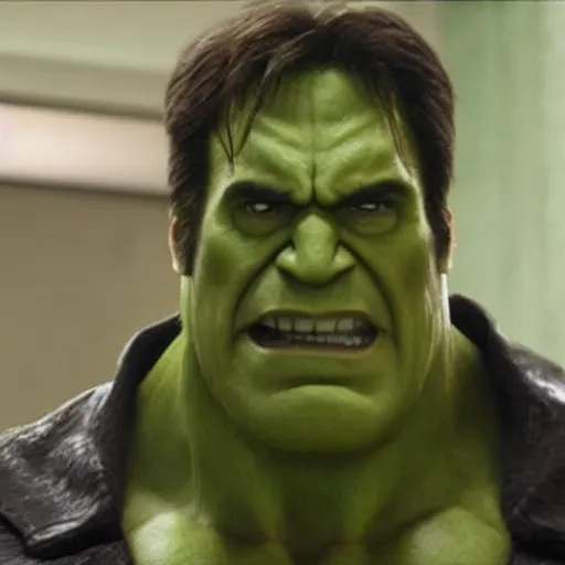 Image similar to a still frame of nicholas cage as the hulk, from the 2 0 1 2 film the avengers