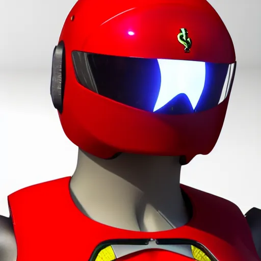 Image similar to Tokusatsu character based on Ferrari, red mechanical skinny body, chest plate with Ferrari logo, stylized motorcycle helmet, full body, unreal engine, 3D model