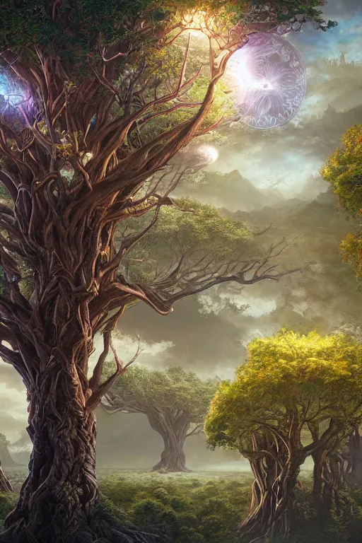 Prompt: tree of life, four seasons, volymetric light, highly detailed matte painting by ohrai, charlie bowater and mark brooks