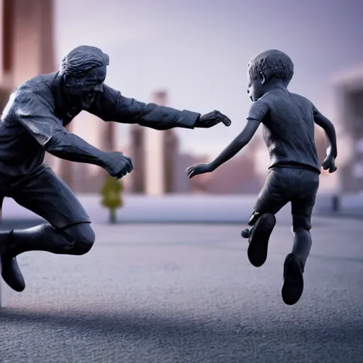 Image similar to a statue of joe biden chasing a child, octane render, 3 d render, 4 k, hyper realistic, super detailed.