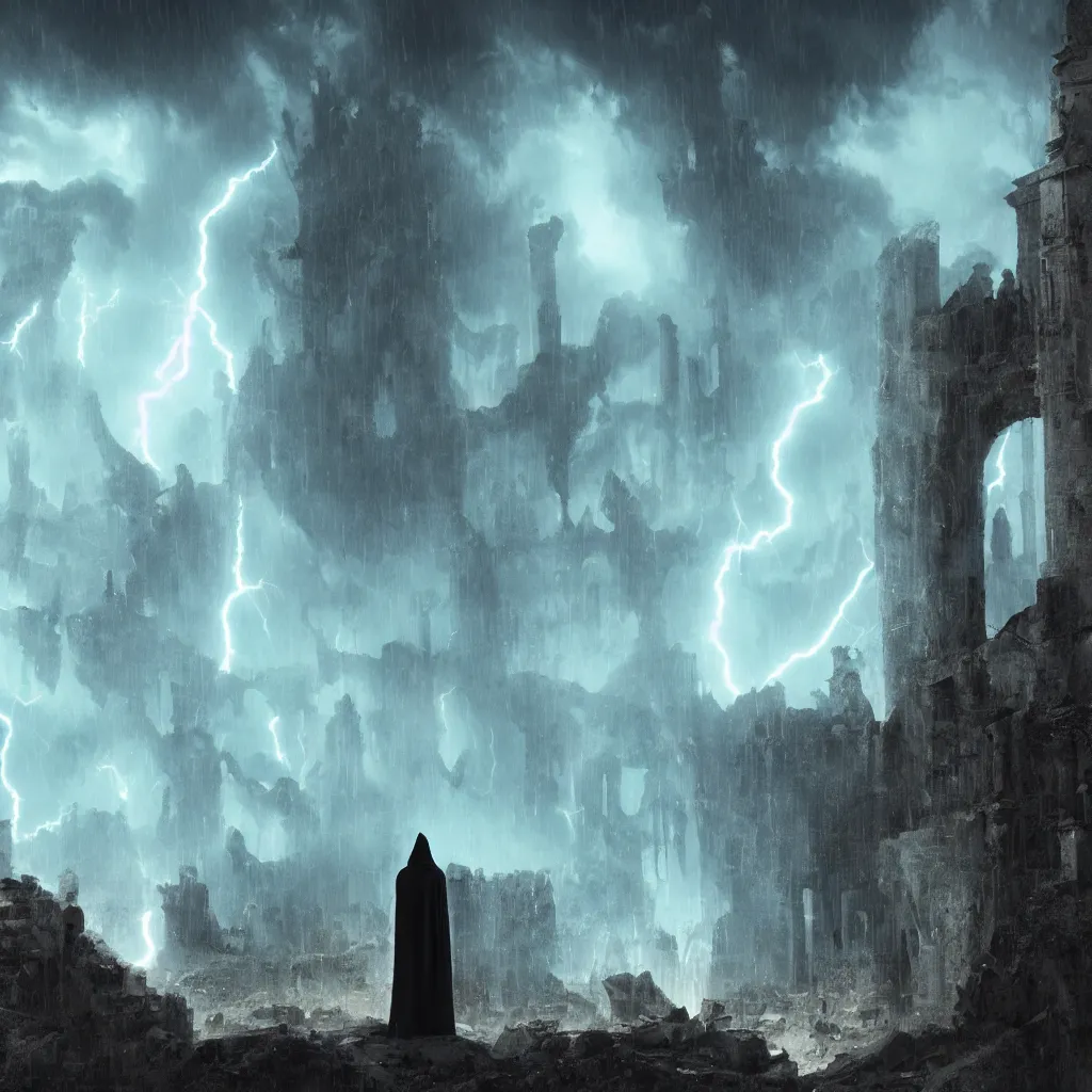 Image similar to a still of a cloaked figure standing in the ruins of crux prime, monastery, there is lightning, blue fiery maelstrom in the distance, it is raining, digital art, artstationhq