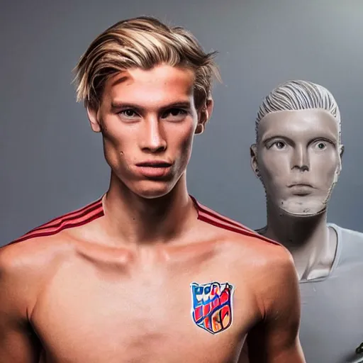 Prompt: a realistic detailed photo of a guy who is an attractive humanoid who is half robot and half humanoid, who is a male android, soccer player frenkie de jong, shiny skin, posing like a statue, blank stare, in a living room, on display, showing off his muscles, with a twin