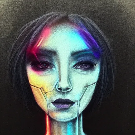 Image similar to “ chalk drawing of an ethereally beautiful cyberpunk woman ”