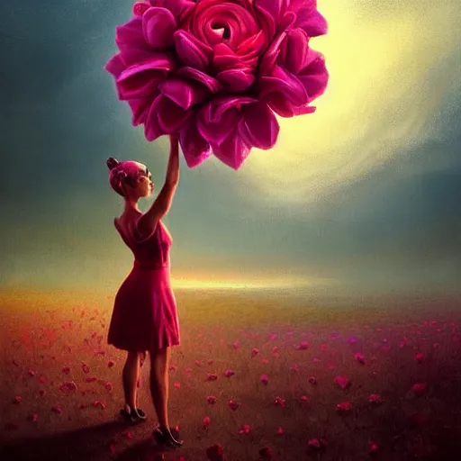 Image similar to portrait, giant rose flower head, girl dancing in a suit, surreal photography, sunrise, blue sky, dramatic light, impressionist painting, digital painting, artstation, simon stalenhag