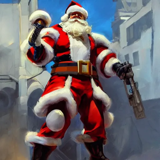 Image similar to greg manchess portrait painting of fully armored santa claus as overwatch character, medium shot, asymmetrical, profile picture, organic painting, sunny day, matte painting, bold shapes, hard edges, street art, trending on artstation, by huang guangjian and gil elvgren and sachin teng