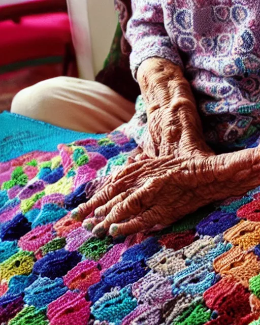 Prompt: a beautiful photograph of an elderly woman’s four hands as she’s crochets an Afghan, her four hands are highly realistic and accurate