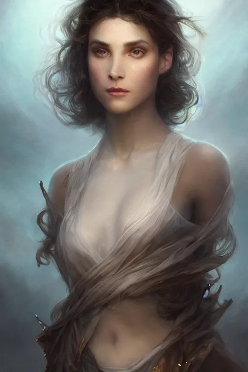 Image similar to dusty wind blowing!!!, orbs of light translucent skin, dreaming of the void! cinematic volumetric lights, bust portrait, dnd, fantasy, intricate, elegant, highly detailed, digital painting, artstation, concept art, smooth, sharp focus, illustration, art by artgerm and tom bagshaw and greg rutkowski and alphonse mucha