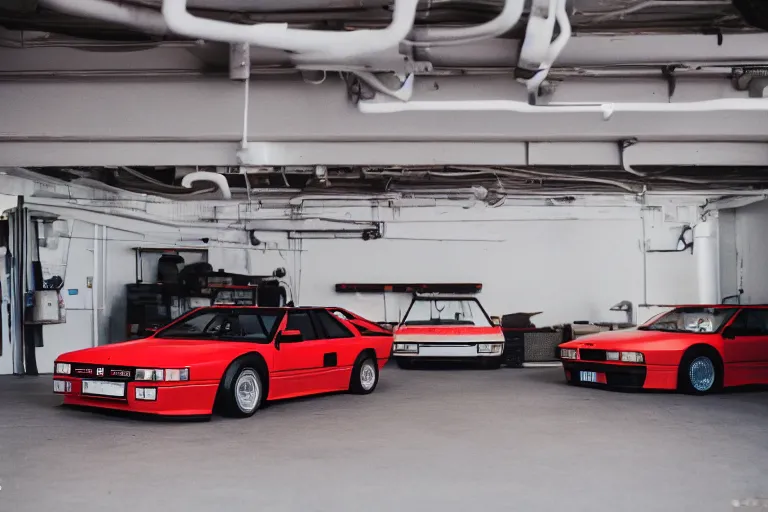 Image similar to a single 1988 Audi Quattro, BMW M1 Lincoln Continental, inside of a Tokyo garage, volumetric lighting, f8 aperture, cinematic Eastman 5384 film