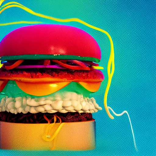 Image similar to hamburger mix jellyfish, cg, 8 k, surrealistic, sharp focus, super resolution, style by andy warhol