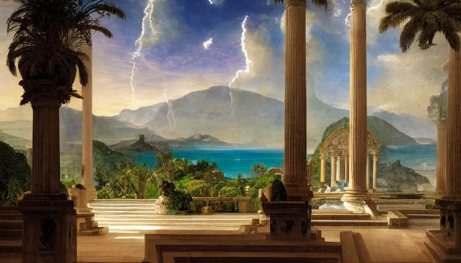 Image similar to from inside the giant palace, mediterranean balustrade and columns, refracted line and sparkles, thunderstorm, greek pool, beach and tropical vegetation on the background major arcana sky and occult symbols, by paul delaroche, hyperrealistic 4 k uhd, award - winning, very detailed paradise