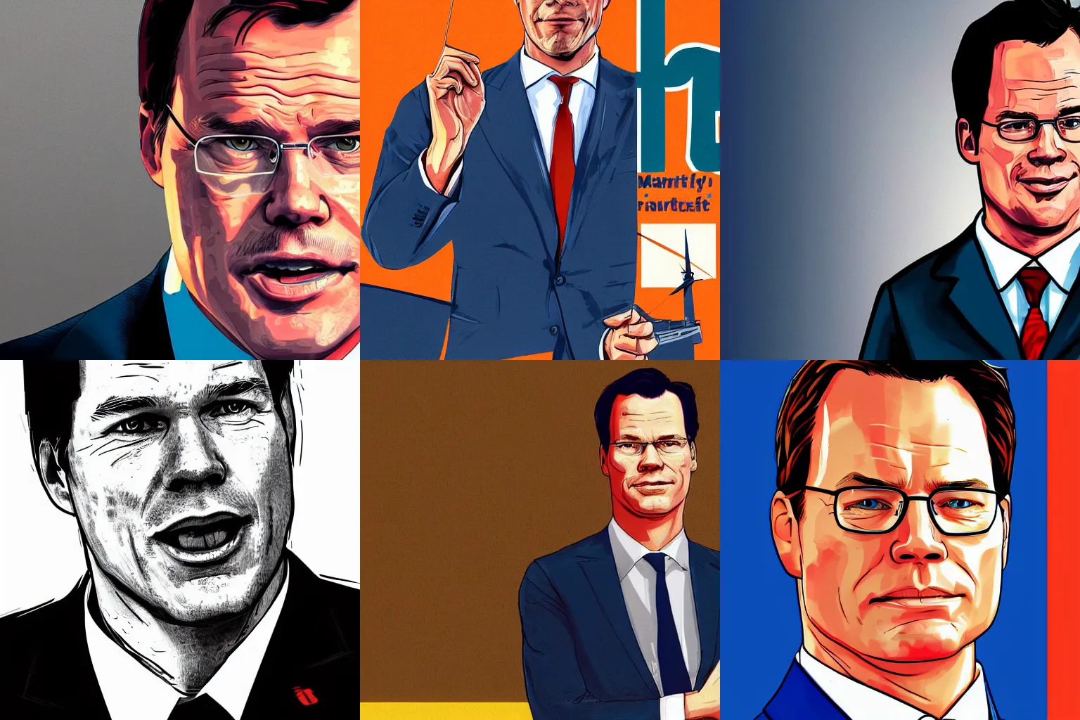 Prompt: illustrated portrait of Dutch prime minister Mark Rutte, illustrated by Anthony Macbain, GTA V cover art