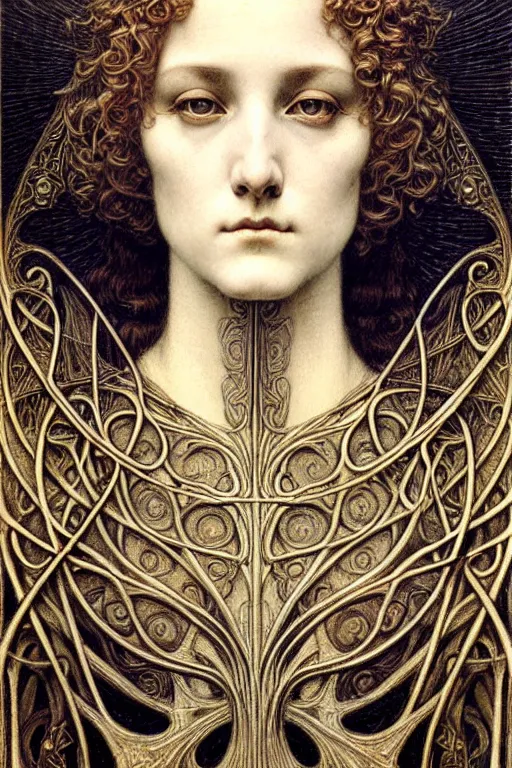 Image similar to detailed realistic beautiful young medieval queen face portrait by jean delville, gustave dore and marco mazzoni, art nouveau, symbolist, visionary, gothic, pre - raphaelite. horizontal symmetry