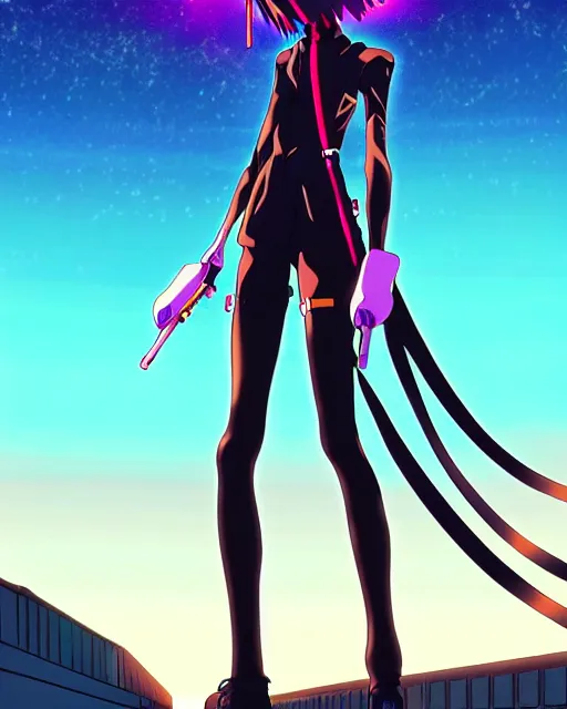 Image similar to anime illustration of black evangelion eva - 0 1 standing on an empty highway holding a steampunk guitar at night, cinematic lighting, evangelion anime poster, rebuild of evangelion 1 0 8 0 p, 9 0 s anime aesthetic, volumetric lights, rule of thirds, unreal engine render, pinterest wallpaper, trending on artstation