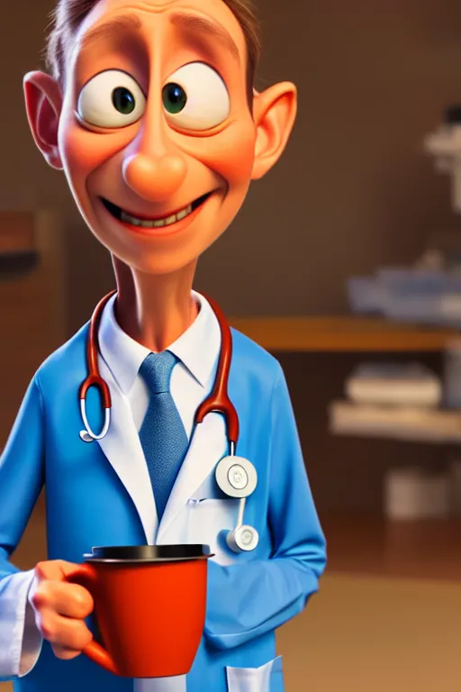 Image similar to portrait of the crazy doctor holding a cup of coffee, hospital in background, full body. pixar disney 4 k 3 d render funny animation movie oscar winning trending on artstation and behance. ratatouille style.