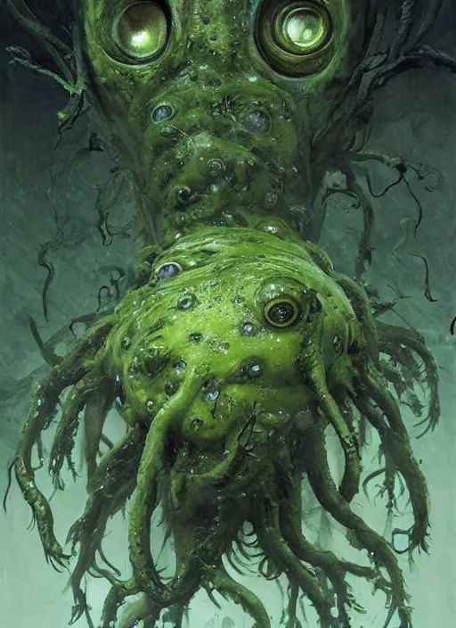Prompt: portrait of green noise an amorphous blob, slimy alien creature with hundreds of eyes, eyes!!!!!, it has several human arms out stretched to grab me. painted by greg rutkowski, wlop,,