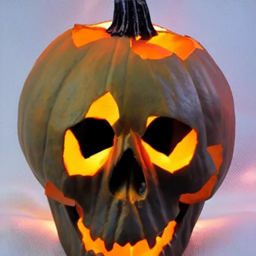 Image similar to a demonic skull sculpted into a lighted pumpkin, highly detailed, realistic, photo