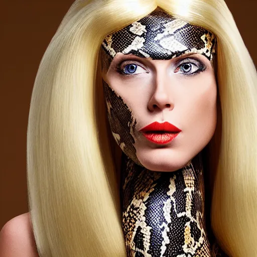 Prompt: A snake wearing a blonde wig, slimy snake, photo