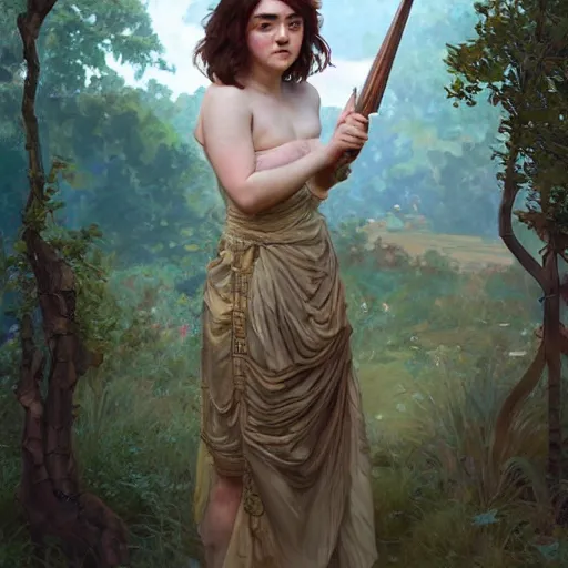 Image similar to maisie williams as beautiful natural coy cottagecore goddess maiden, master life drawing, intricate, elegant, highly detailed, digital painting, artstation, concept art, smooth, sharp focus, illustration, art alphonse mucha and james gurney and marc simonetti and wlop
