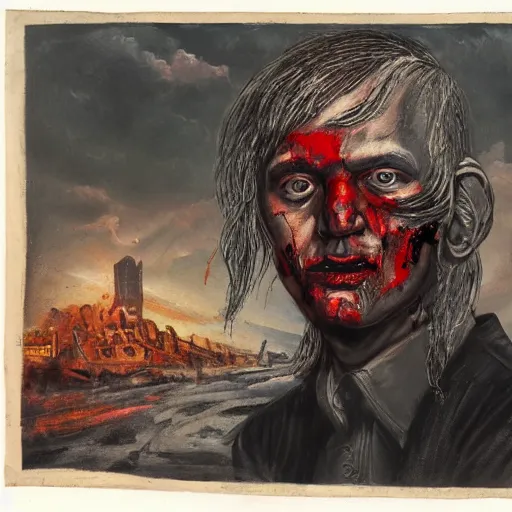 Prompt: portrait of alexander abdulov, with a red eyes, satanic body, head of old man, om blood of sinners, with background of ruined city, post - apocalyptic style, hellish style