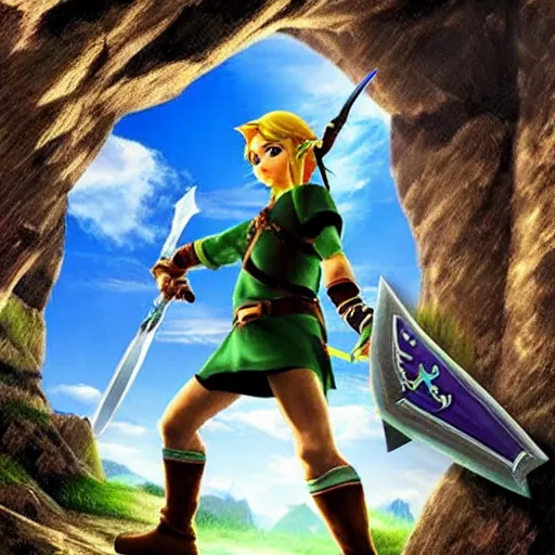 Image similar to the legend of zelda master sword, realistic, epic lighting, 8 k, photorealistic, beautiful surroundings