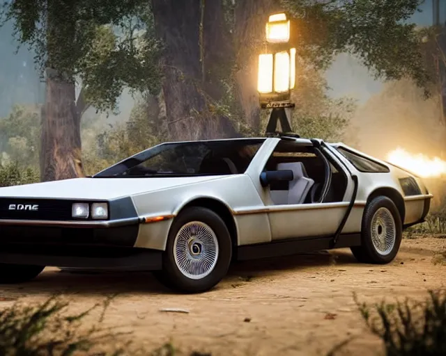 Image similar to new concept for a delorean, cinematic, photoreal, by red dead redemption 2