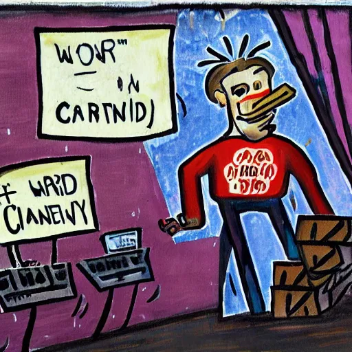 Prompt: painting of a server that keeps on crashing with the words that's certainty written on it with credit cards on the ground all around in a wind storm