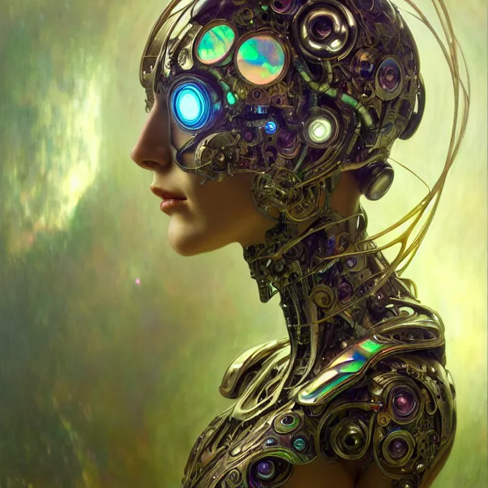 Image similar to organic cyborg, iridescent bettle, diffuse lighting, fantasy, intricate, elegant, highly detailed, lifelike, photorealistic, digital painting, artstation, illustration, concept art, smooth, sharp focus, art by john collier and albert aublet and krenz cushart and artem demura and alphonse mucha