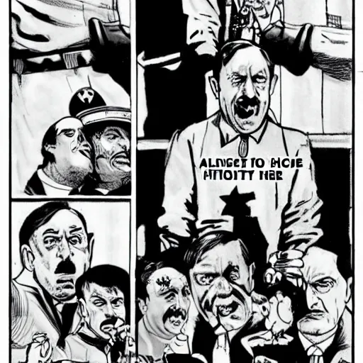 Image similar to comic book of angry jews with lightsabers and adolf hitler accurate eyes high detail