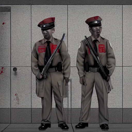 Prompt: zombie police security guard officers ( beige uniform and caps ) ( floating in red spectral aura ) wield uzis in ( brutalist concrete gray office ) trending on artstation high detail concept art digital painting 4 k 8 k hd