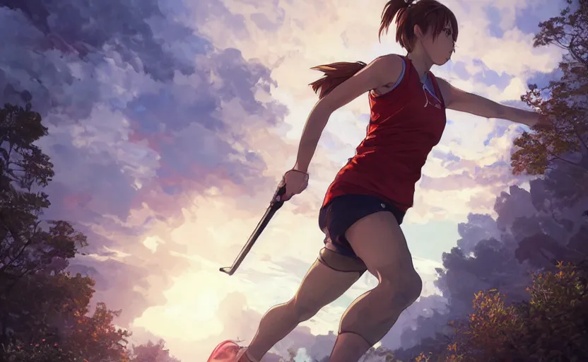 Image similar to a girl is running, red sport clothing, marathon, anime style, brown short hair, hair down, symmetrical facial features, from arknights, hyper realistic, rule of thirds, extreme detail, detailed 4 k drawing, safebooru, realistic lighting, by alphonse mucha, greg rutkowski, backlit