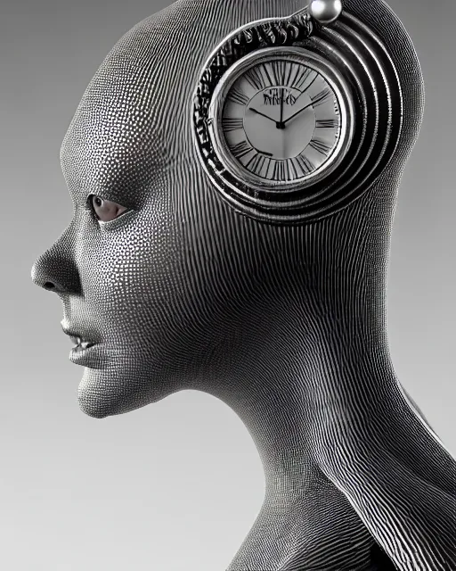 Image similar to mythical black and white organic bio-mechanical spinal ribbed profile face portrait detail of silver mechanical beautiful female angelic-vegetal-cyborg, highly detailed, intricate steampunk ornate, poetic, 3D render, digital art, octane render, 8K artistic photography, photo-realistic, by Dora Maar