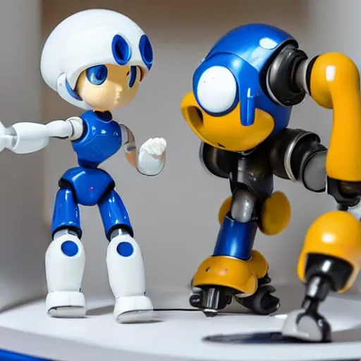 Image similar to photo of figma figures inside a diorama of a laboratory : : a cute female ball - jointed long - haired robot ( in the style of mega man ) is repairing computers. she is being helped by animal - shaped robots and abstract robots.