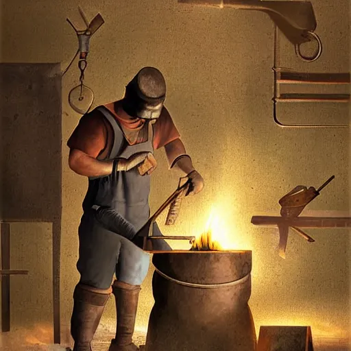 Prompt: A blacksmith working at his anvil in a dark, smoke-filled workshop, digital art, very detailed, no blur, sharp focus, realistic