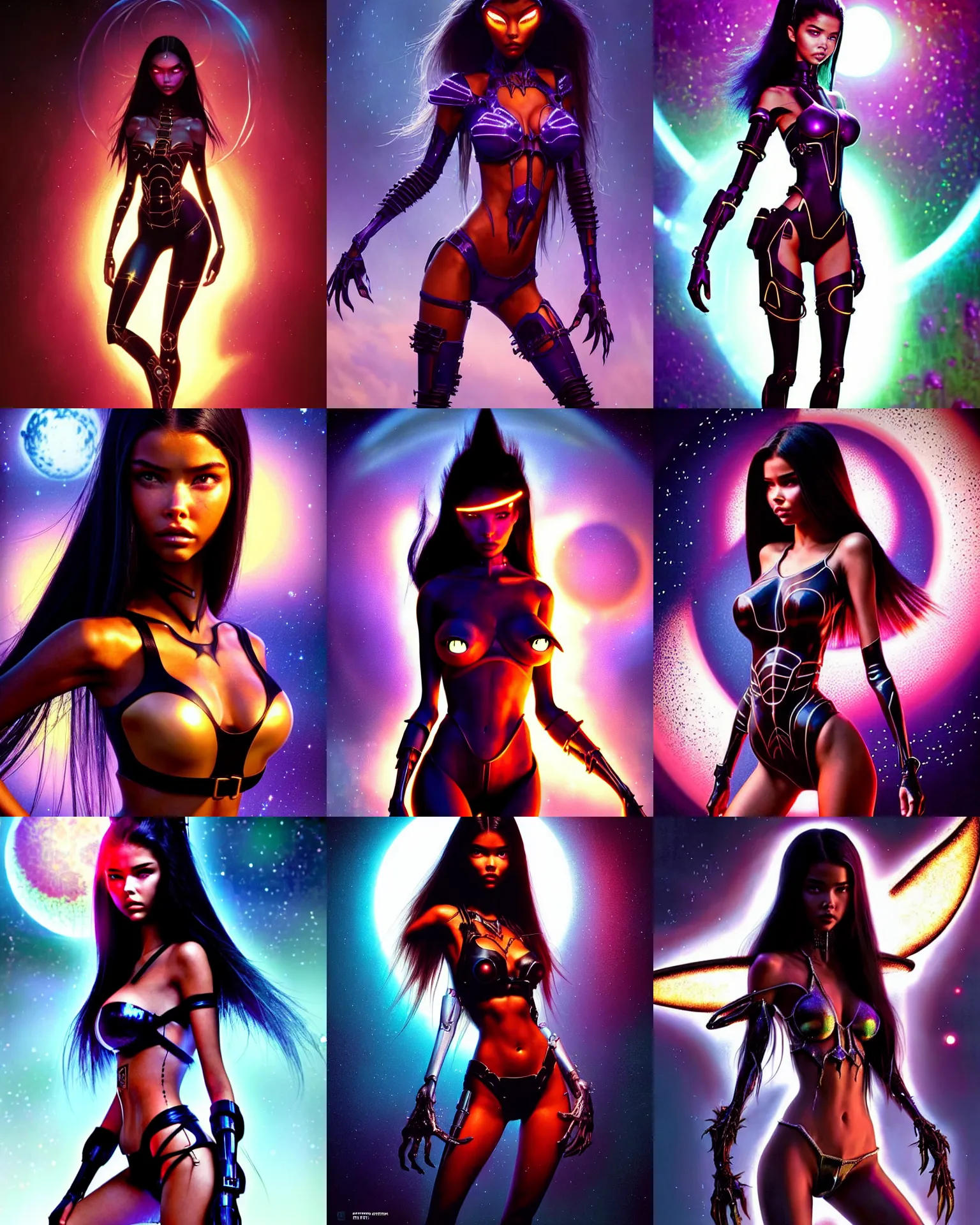 Prompt: weta disney pixar sci - fi movie still portrait photo of madison beer, adriana lima : : as edc rave devil space cyborg by pixar : : by weta, greg rutkowski, wlop, ilya kuvshinov, rossdraws, artgerm, marvel, maxim magazine cover, rave girl, unreal engine, sweaty, glitter, pearlescent, morning, anime, : :