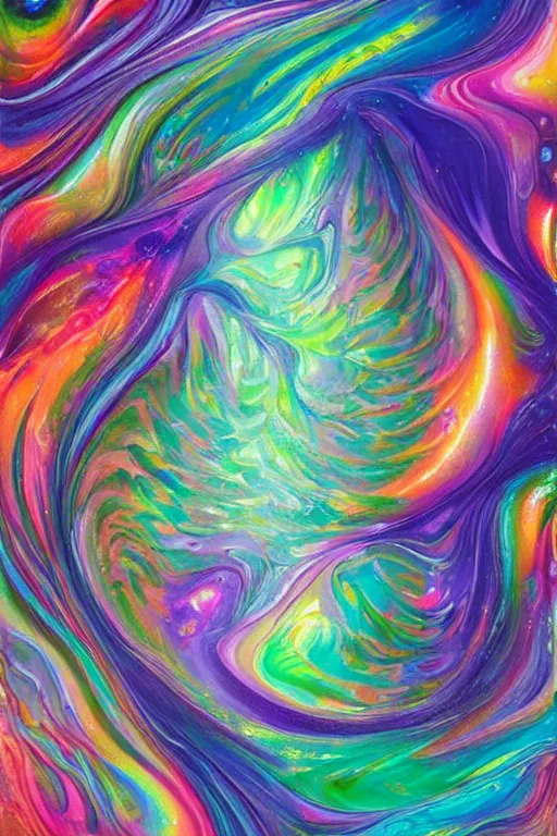 Prompt: ultra detailed acrylic pour fluid dynamics flow art a painting of a iridescent nebular with a colorful swirl shimmering with pearlescence, acrylic marbling art by sam spratt, rhads, deviantart, psychedelic art, psychedelic, cosmic nebula, chromatic