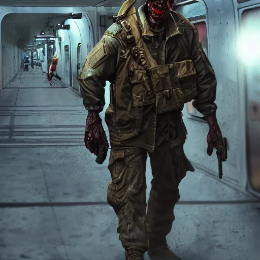 Image similar to an modern soldier in a new york subway in a zombie apocalypse, au naturel, hyper detailed, digital art, trending in artstation, cinematic lighting, studio quality, smooth render, unreal engine 5 rendered, octane rendered, art style by klimt and nixeu and ian sprigger and wlop and krenz cushart