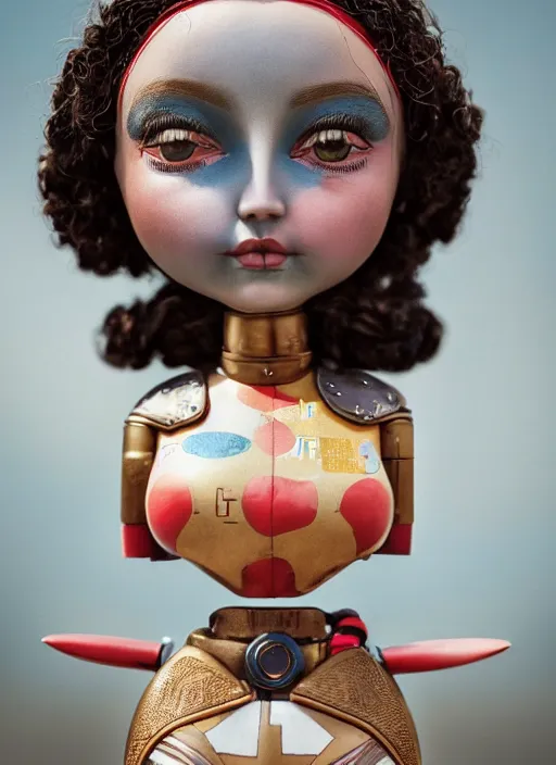 Image similar to closeup profile portrait of tin toy girl joan of arc, bikini, depth of field, zeiss lens, detailed, symmetrical, centered, fashion photoshoot, by nicoletta ceccoli, mark ryden, lostfish, breathtaking, 8 k resolution, extremely detailed, beautiful, establishing shot, artistic, hyperrealistic, octane render
