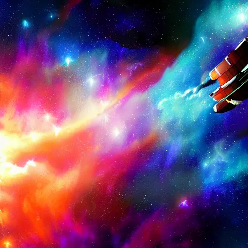 Image similar to a digital painting of a spaceship flying through a beautiful nebula, 8K, trending on art station, realistic, award winning